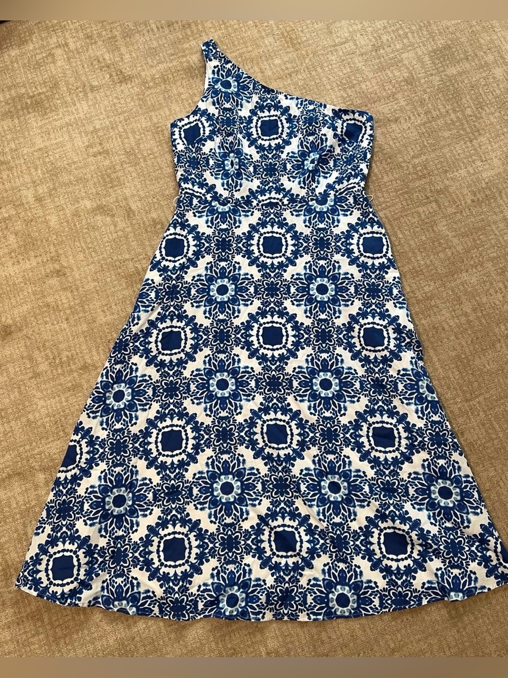 NWT Talbots Blue Shibori Medallion One Shoulder Sateen Midi Dress Size 12